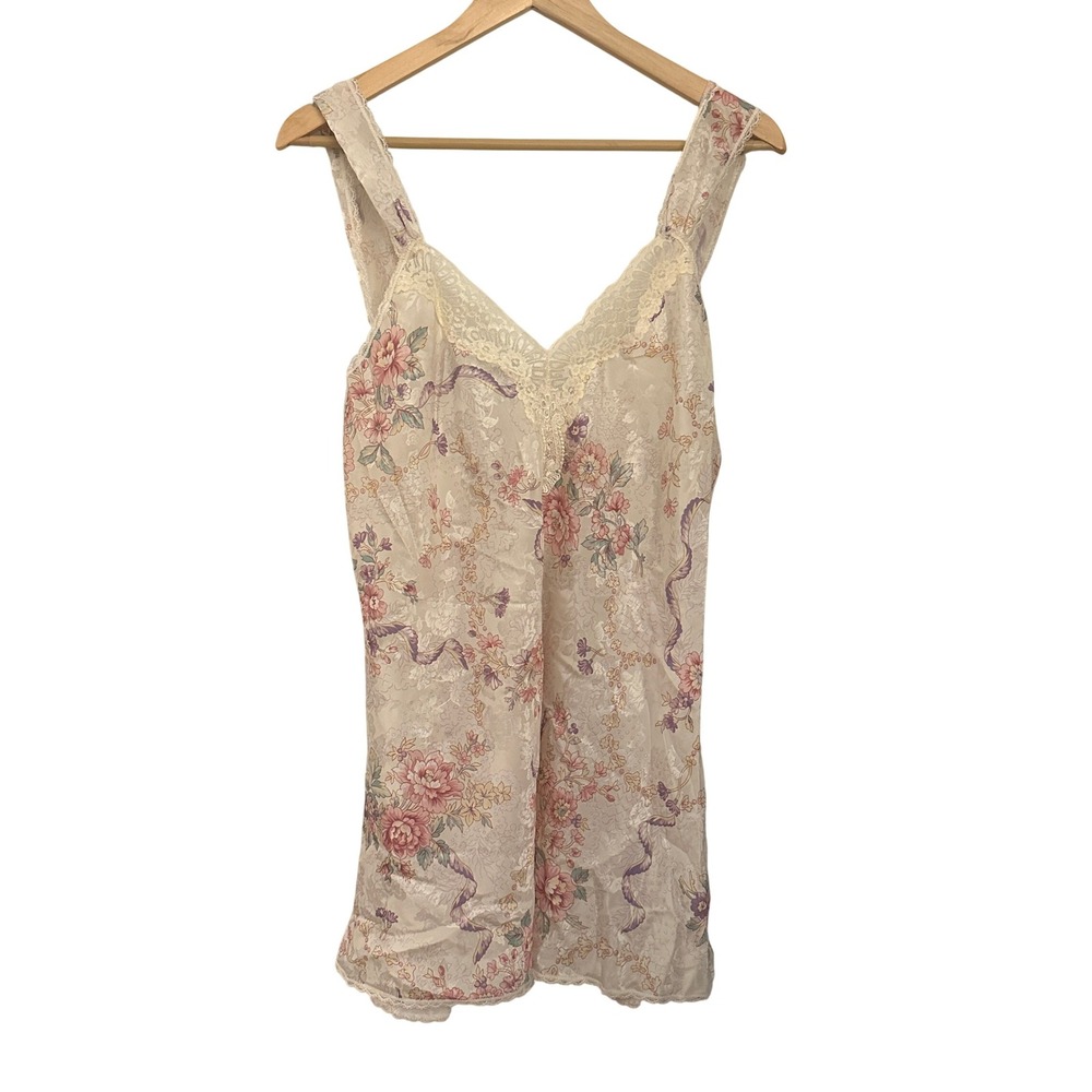 Lucie Ann II Floral Lace Satin‎ Chemise Nightgown Womens Medium Cream Excellent